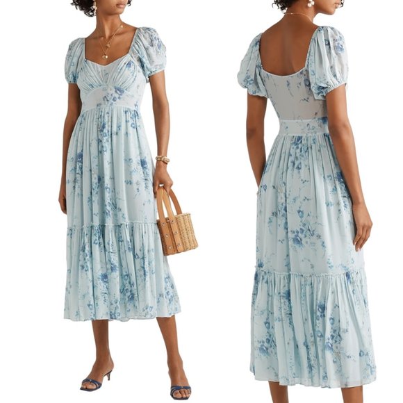 LoveShackFancy Angie Midi-dress Celestia Floral Print Silk-Geogette Gathered - Picture 1 of 14